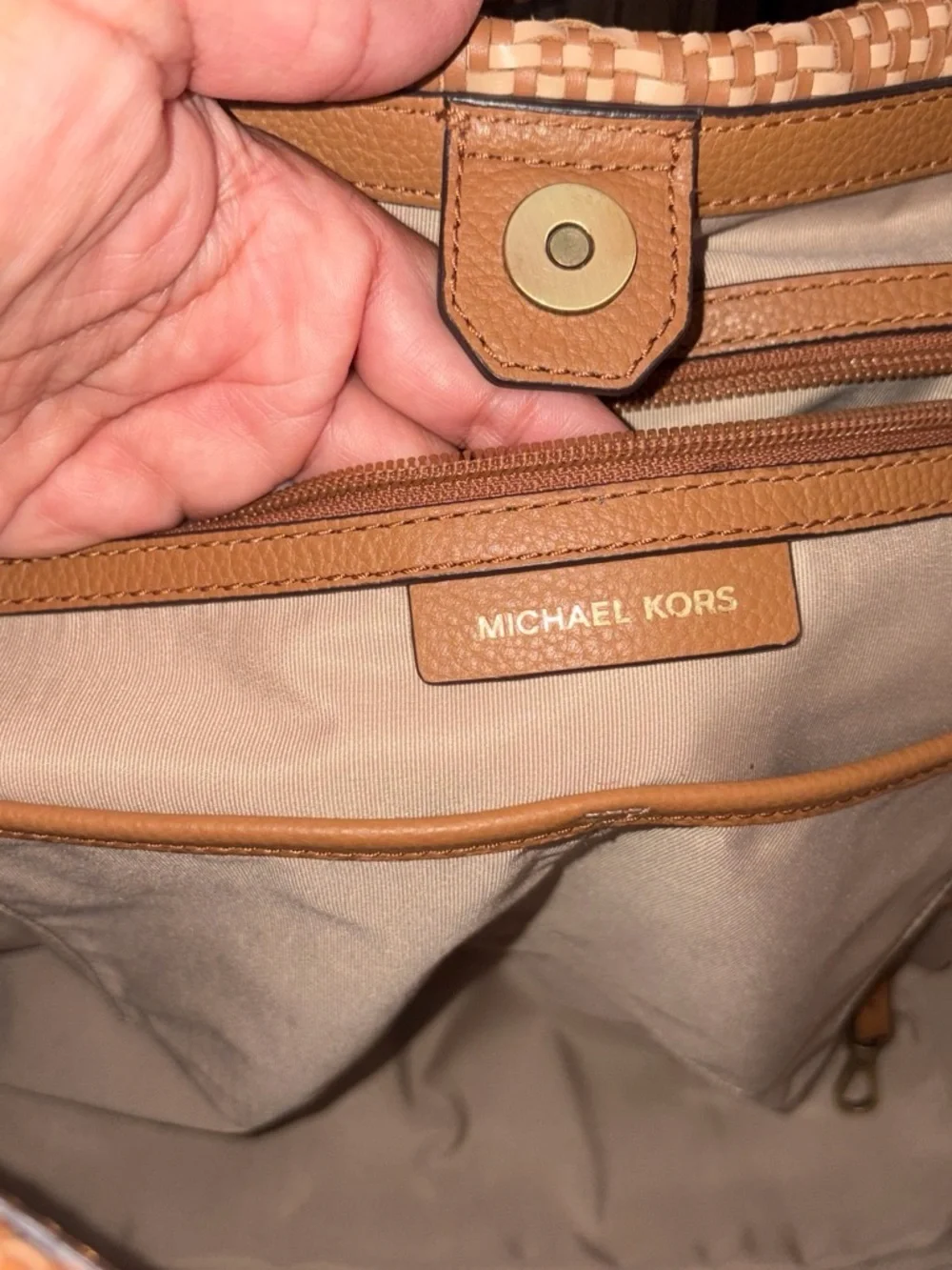 Michael Kors Woven Chevron Tote in Tan and Cream leather